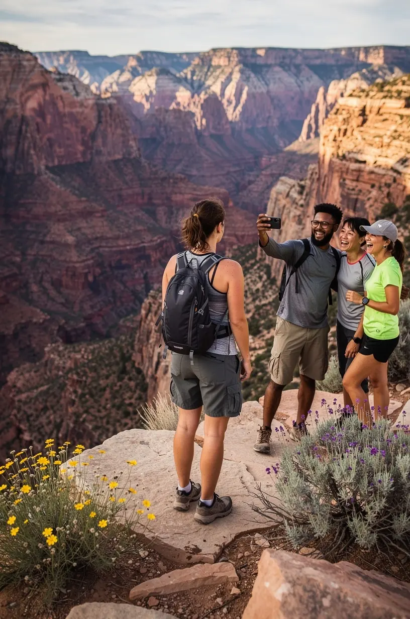 Overlook platform providing a sweeping vista of a deep canyon with a river running through the bottom.