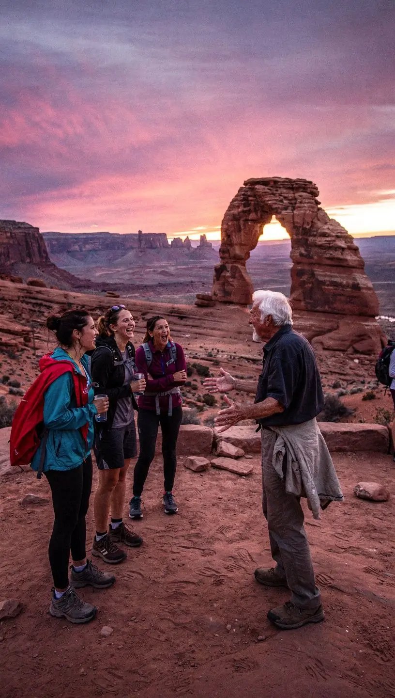 Family hiking along a marked trail with backpacks and sun hats amid iconic Southwest desert scenery.