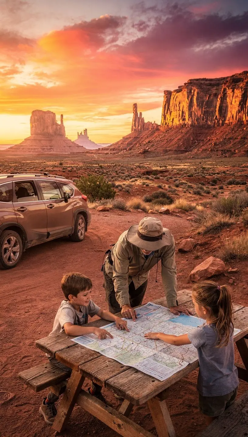 Visitors exploring a national park trail surrounded by towering sandstone cliffs and sparse desert vegetation.